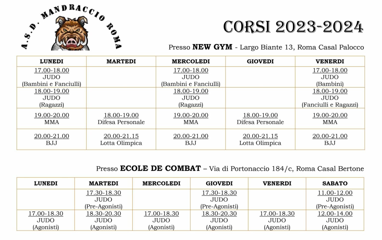 Corsi e orari proposti nelle due sedi